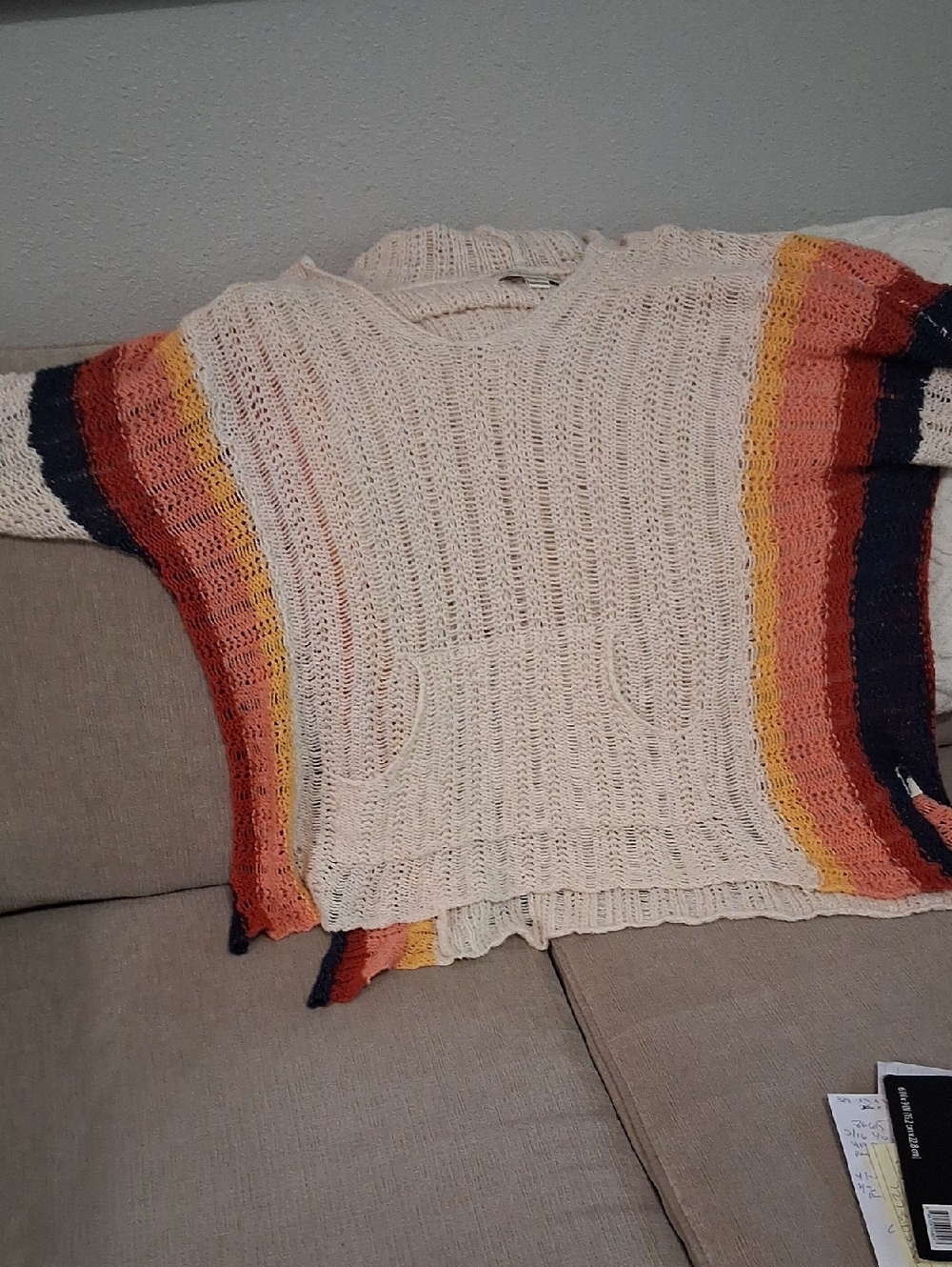 Chunky Cream Knit Sweater with Multicolor Stripe Detail